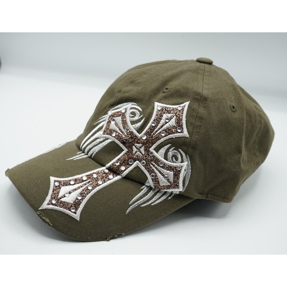 Pit Bull Army Cap Strapback OS Hat Rhinestone Cross Distressed Cotton Wings‎
